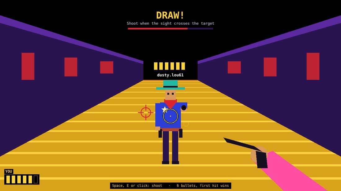 A duelist's view: the opponent down the street, the sight on his chest, the player's revolver in the foreground
